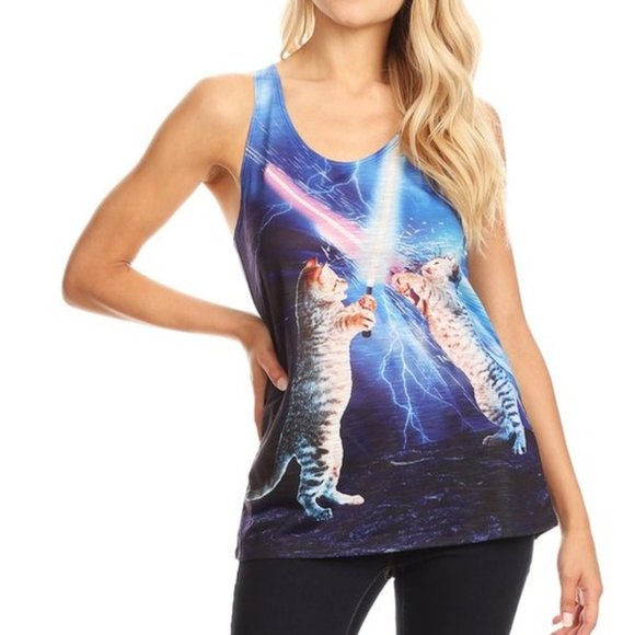 Lot of 3 Unworn Weird Fun Pirate Alien Star Wars Cat Tank Tops Small Hot Topic - Picture 2 of 6